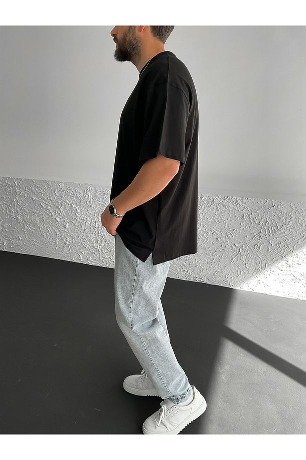 Siyah Yırtmaçlı Basic Oversize T-shirt By-1268 - 3