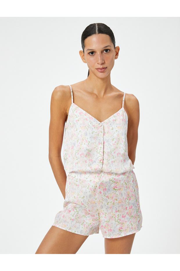Satin Pajama Top Floral Strap Buttoned V-Neck Comfortable Fit