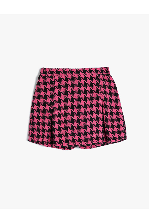 Tweed Shorts Skirt with Pleated Elastic Waist and Houndstooth Pattern