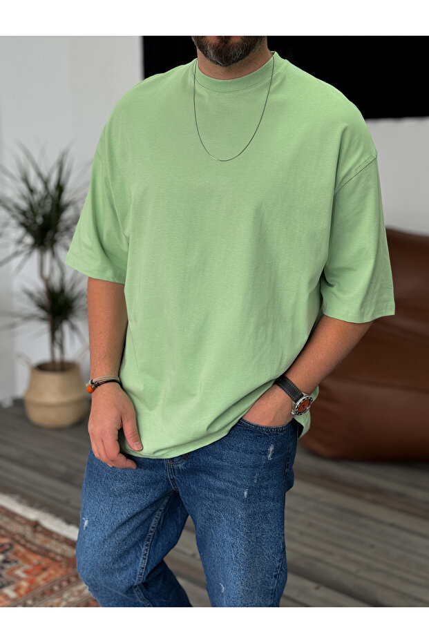 تي شيرت أساسي كبير الحجم باللون الأخضر الفستقي JJ-326 - 1