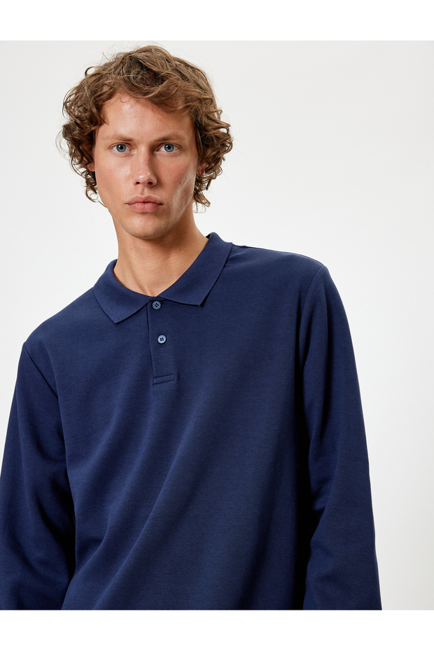 سويت شيرت بياقة بولو من نسيج البامبو المترابط ذو الأزرار الأساسية