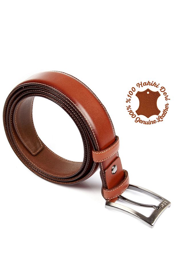 Erkek Taba Antik Hakiki Deri 3,5 Cm Klasik Kemer - 1