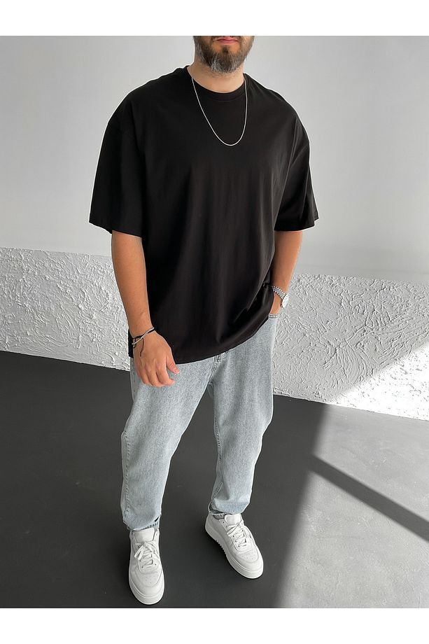 Siyah Yırtmaçlı Basic Oversize T-shirt By-1268 - 2