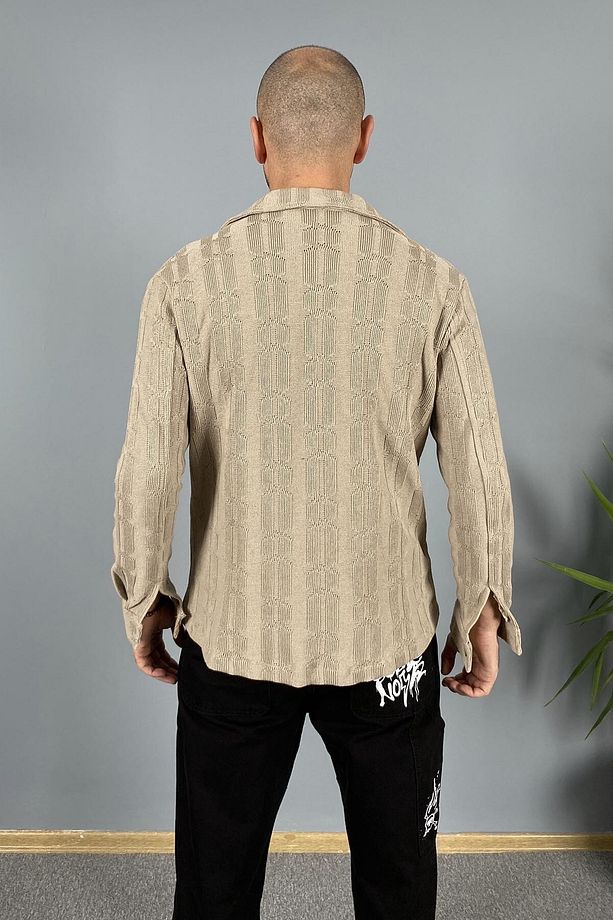 Jakarlı Oversize Triko Örgü Uzun Kol Gömlek - 5