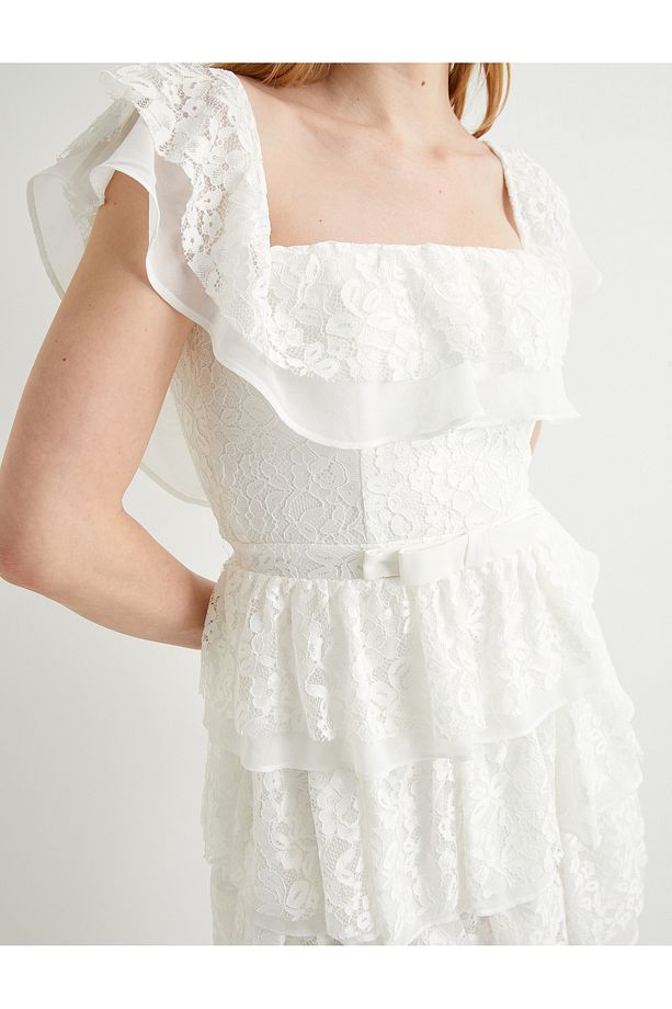 Mini Dantelli Elbise Bridal Omzu Açık Kolları Fırfırlı Astarlı - 5