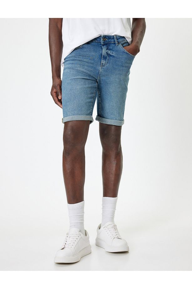 Slim Fit Kot Şort Bermuda Düğmeli Cep Detaylı - 3