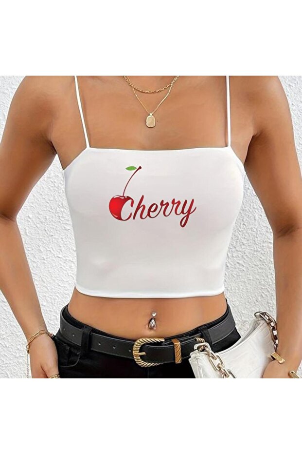 MODESSY Bustier Crop بحزام من الخيط الأبيض الكرزي