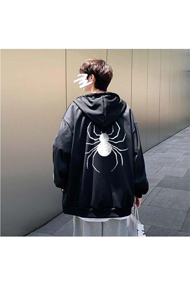 سترة بقلنسوة للجنسين باللون الأسود بسحاب أمامي وخلفي مطبوعة من MODESSY Dangerous Spider
