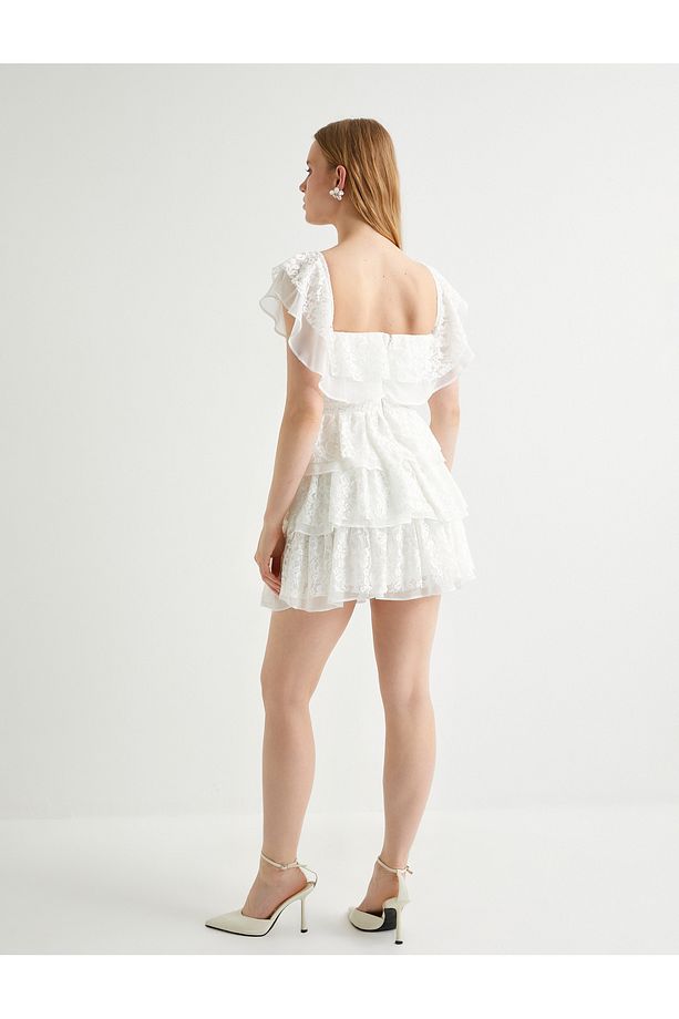 Mini Dantelli Elbise Bridal Omzu Açık Kolları Fırfırlı Astarlı - 4