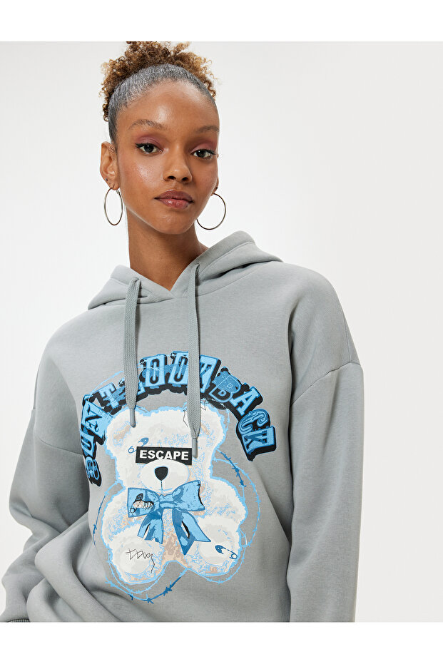 Oversize Hooded Sweatshirt Teddy Bear Themed Printed