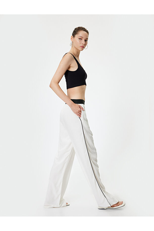 Linen Blended Trousers Oversize Wide Leg Elastic Waist Pocket Ribbed