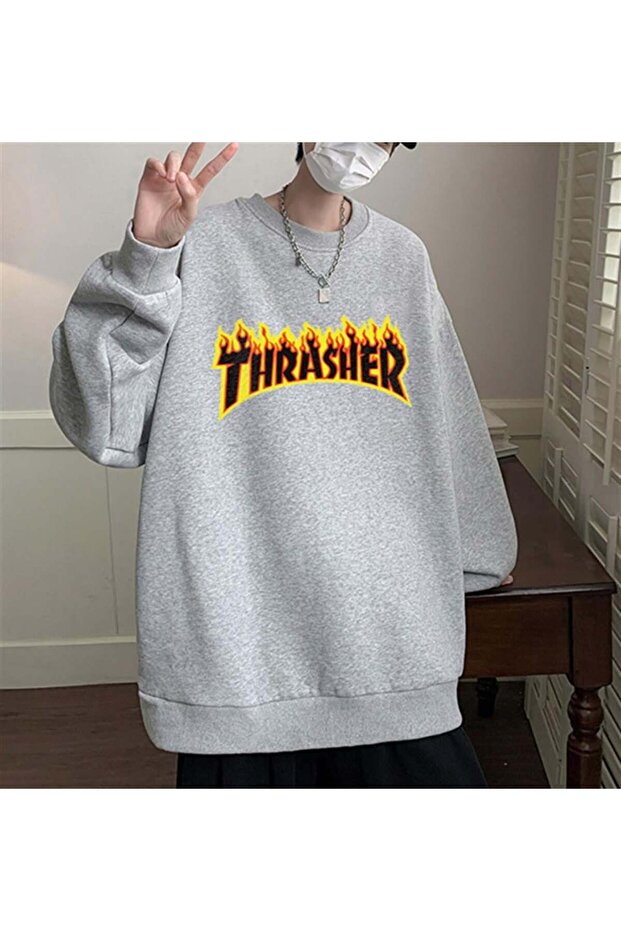 سويت شيرت MODESSY Thrasher مطبوع باللون الرمادي للجنسين برقبة دائرية كبيرة الحجم