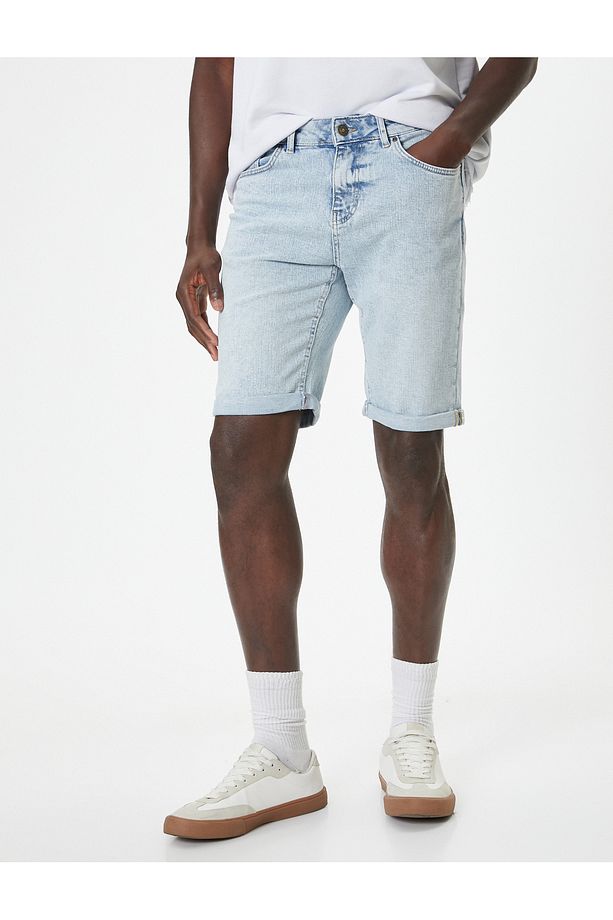 Slim Fit Kot Şort Bermuda Düğmeli Cep Detaylı - 3
