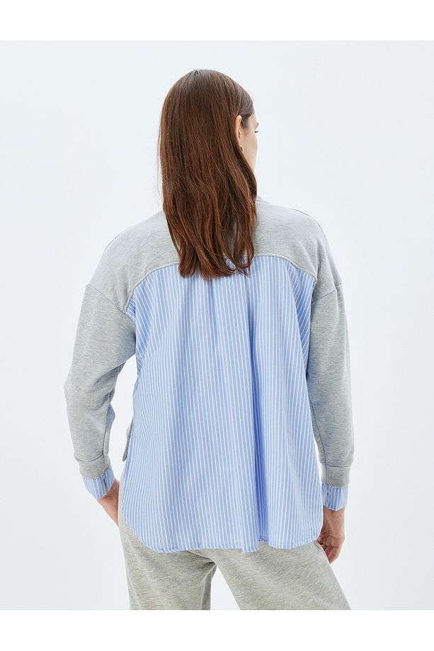 Oversize Sweatshirt İki Farklı Kumaş Kullanımlı Bisiklet Yaka Uzun Kollu - 4