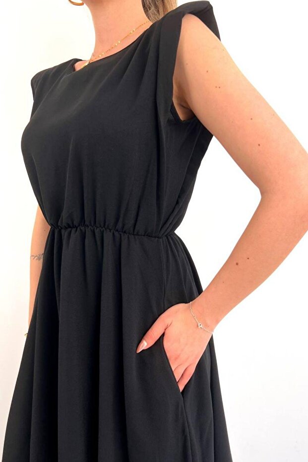 Moni Sıfır Kol Vatkalı Bel Lastikli Midi Boy Elbise Siyah - 3
