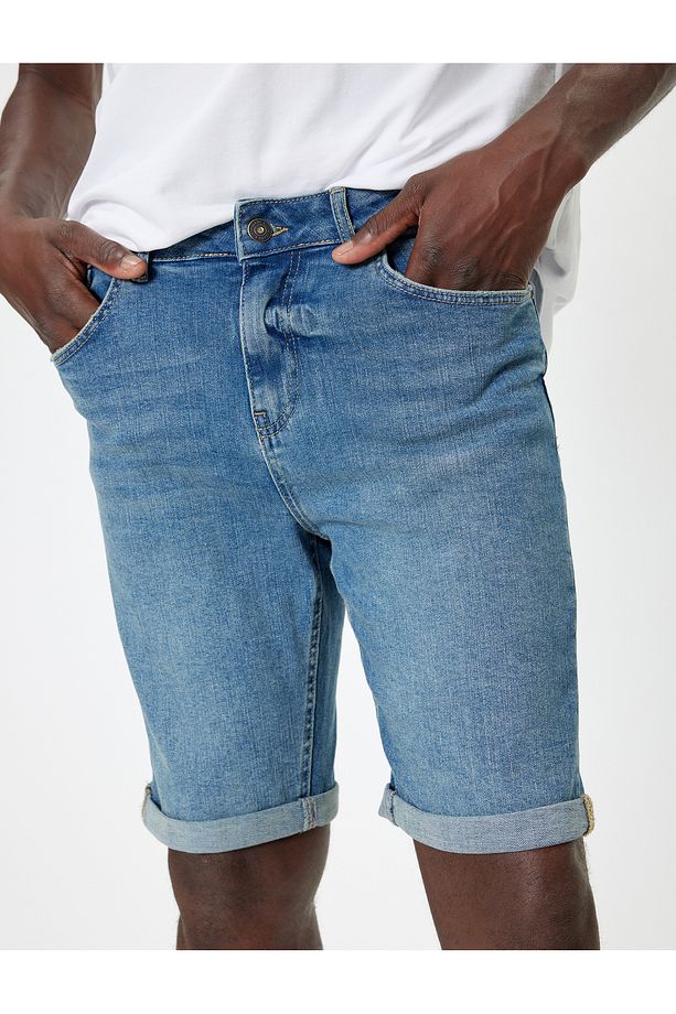 Slim Fit Kot Şort Bermuda Düğmeli Cep Detaylı - 5