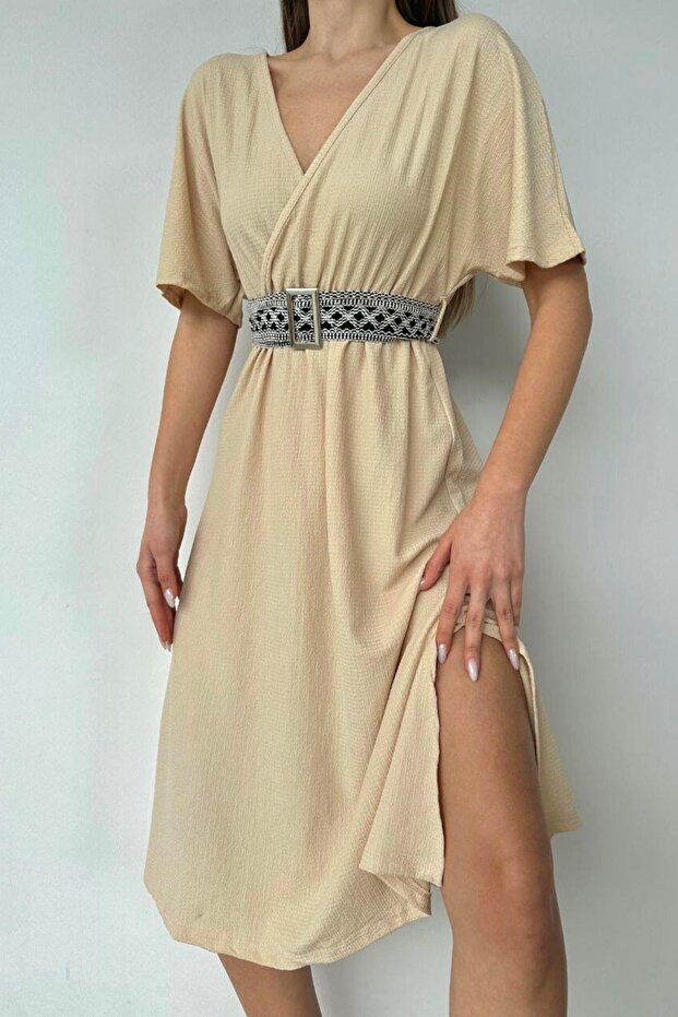 Rochie dublu cu guler cu curea Bej - 2