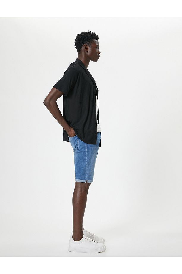 Slim Fit Kot Şort Bermuda Düğmeli Cep Detaylı - 1