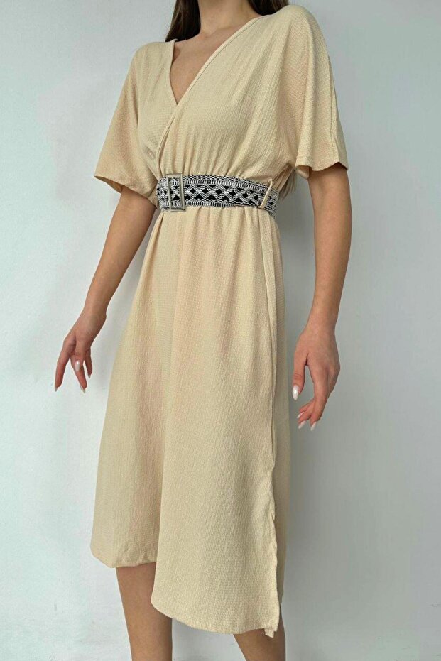 Rochie dublu cu guler cu curea Bej - 3