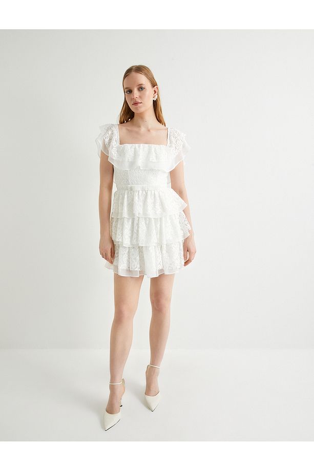 Mini Dantelli Elbise Bridal Omzu Açık Kolları Fırfırlı Astarlı - 3