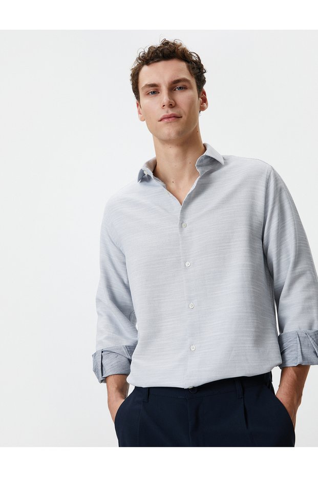 Slim Fit Shirt Half Italian Neckline Button Long Sleeve