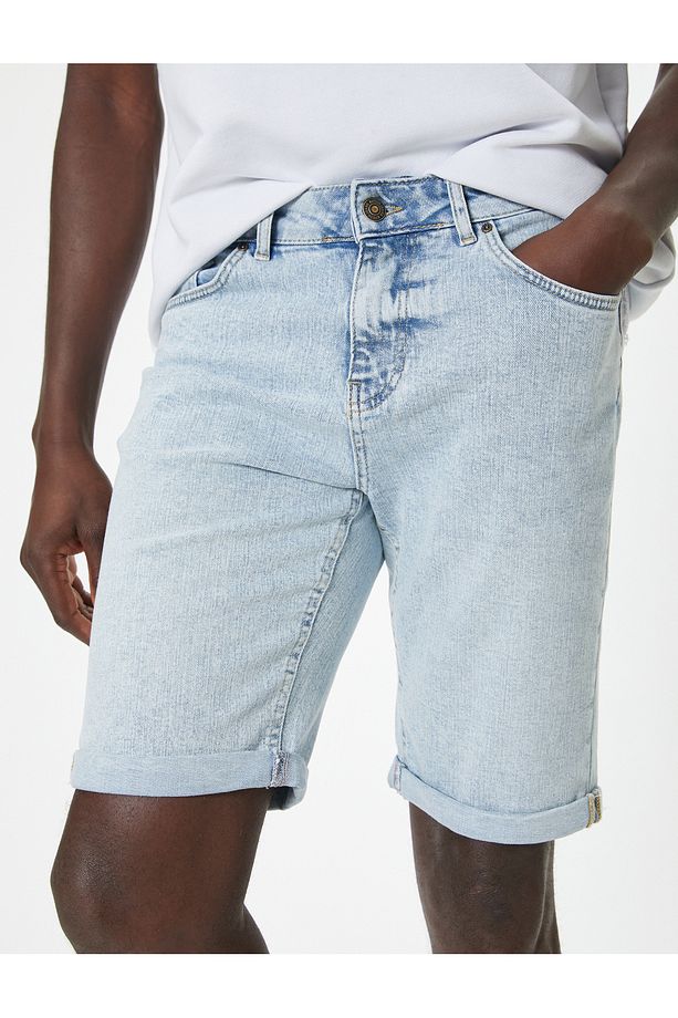 Slim Fit Kot Şort Bermuda Düğmeli Cep Detaylı - 5