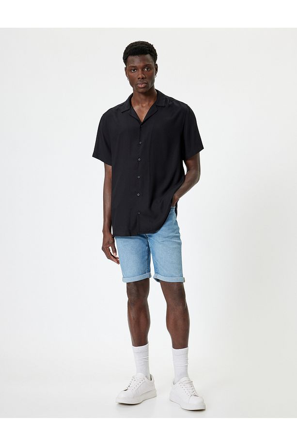 Slim Fit Kot Şort Bermuda Düğmeli Cep Detaylı - 2