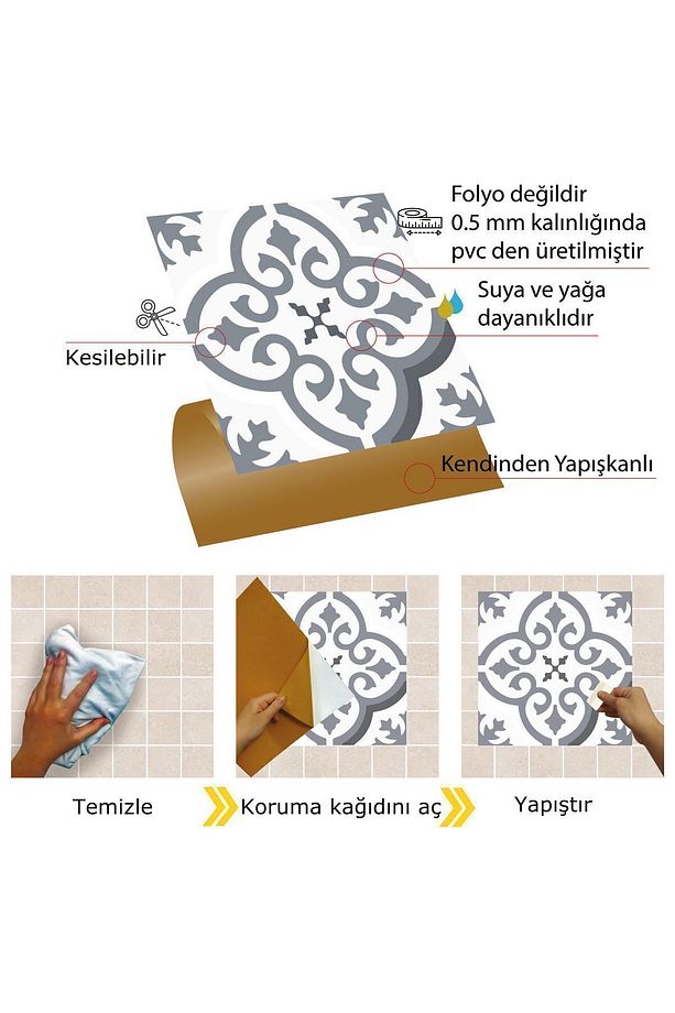 Kendinden Yapışkanlı Banyo Mutfak Kaplama Geometrik 09 Desenli Pvc Karo 30x30 Cm (4 ADET) 0,36 M2 - 3