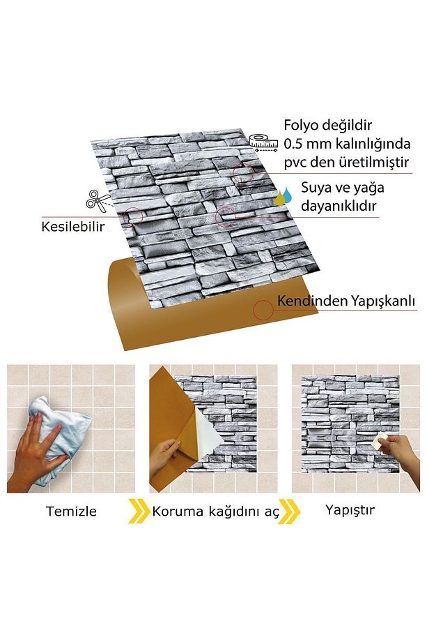 Kendinden Yapışkanlı Gri Taş Desenli Pvc Karo 30x30 Cm (4 ADET) 0,36 M² - 4