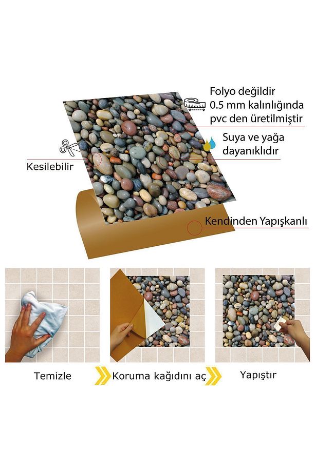 Kendinden Yapışkanlı Mutfak Banyo Kaplama Çakıl Taşı Desenli Pvc Karo 30x30 Cm (4 ADET) 0,36 M2 - 4