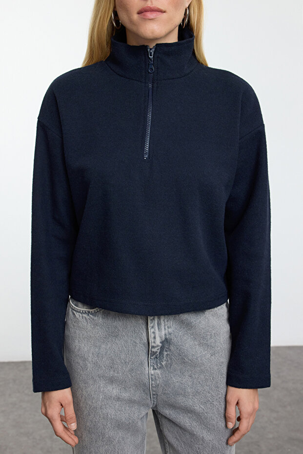 Lacivert-Gri 2'Li Paket Selanik Regular/Normal Kalıp Fermuarlı Yaka Örme Sweatshirt TWOAW25SW00120 - 5