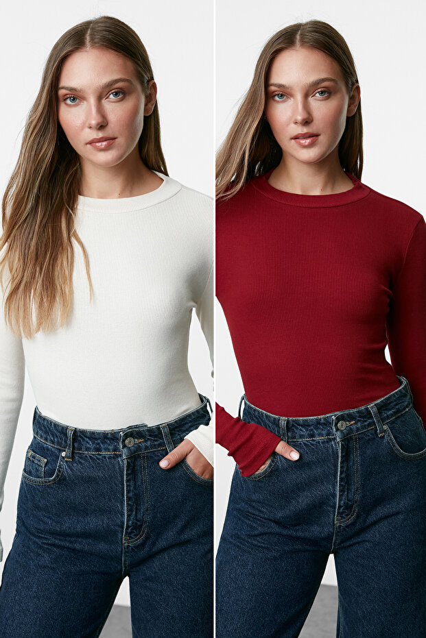 Bordo-Taş 2'li Paket Slim Çıtçıtlı Dik Yaka Fitilli Esnek Örme Body TWOAW23BD00030 - 1