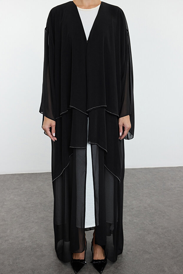 Siyah Eteği Katlı Taş Detaylı Dokuma Kap & Ferace & Abaya TCTAW25KF00005 - 3