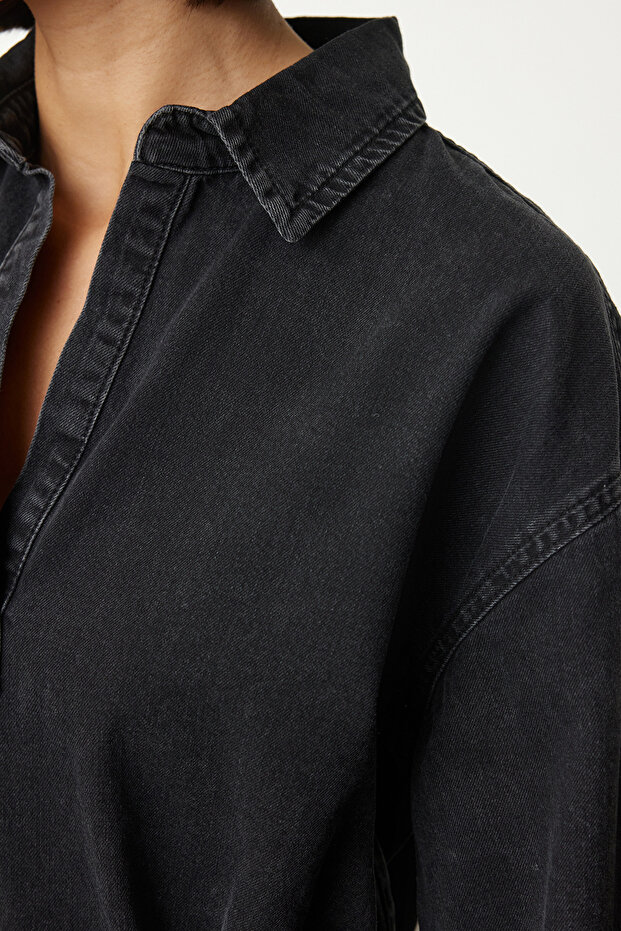 Antrasit Oversize Bağlamalı Denim Gömlek TWOAW25GO00082 - 5