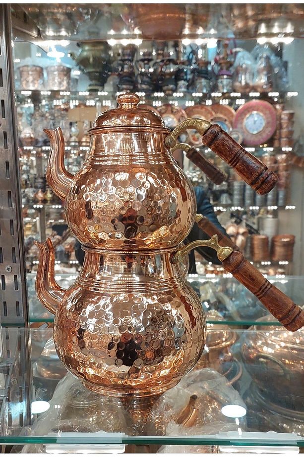 Bakır Çaydanlık & Bakır Demlik El Dövmesi Dövme Desenli Gümüş Bakır Çaydanlık Büyük Aile Boy - 6