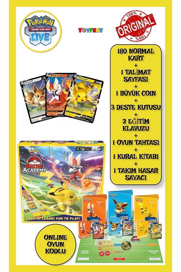Pokemon Battle Academy Cinderace V - Pikachu V - Eevee V - Galarian 180 Kartlık 2-3 Kişilik Oyun Set - 1