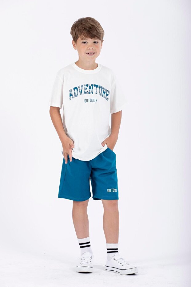 Text Printed Petrol Blue Color Boy's Shorts Set