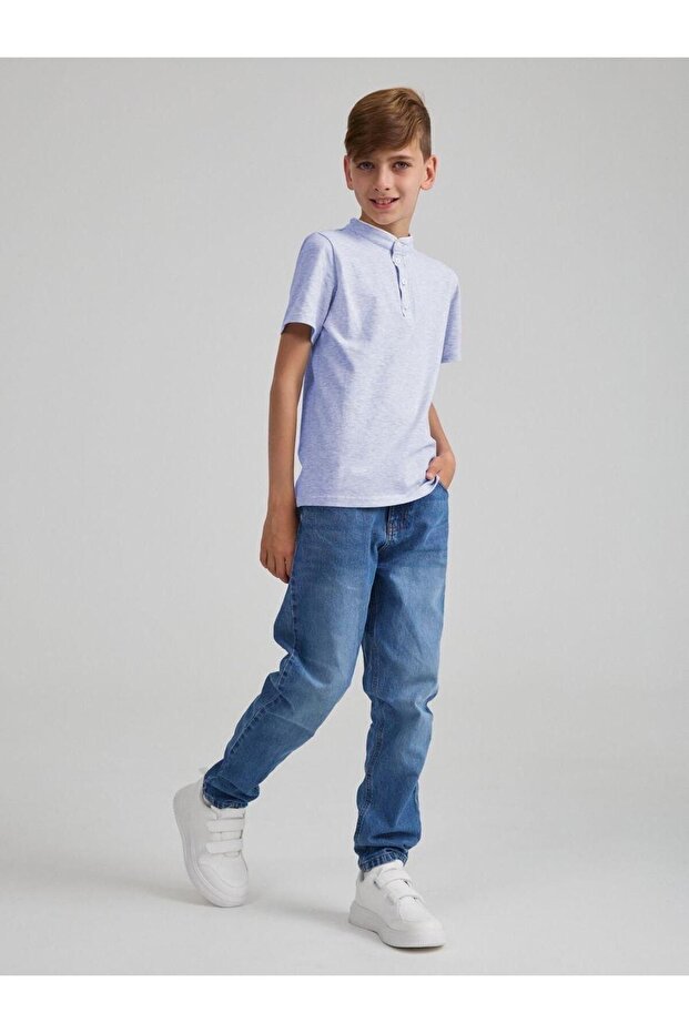 Stand-up collar, short-sleeved boys' 100% cotton t-shirt