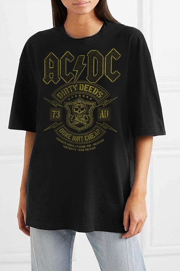 Snowy Acdc Black Short Sleeve Printed Oversize Women's T-Shirt