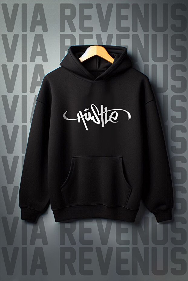 Hustle Printed Kangaroo Pocket 3 Thread Ribbed Oversize Wide Fit Hooded Sweatshirt