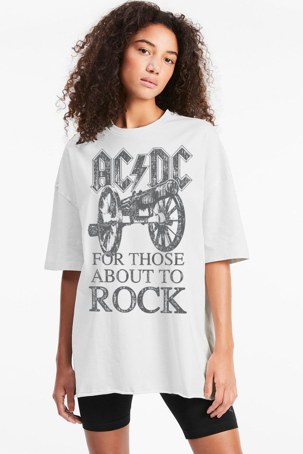 Top Rock Acdc White Oversize Short Sleeve Women's T-Shirt