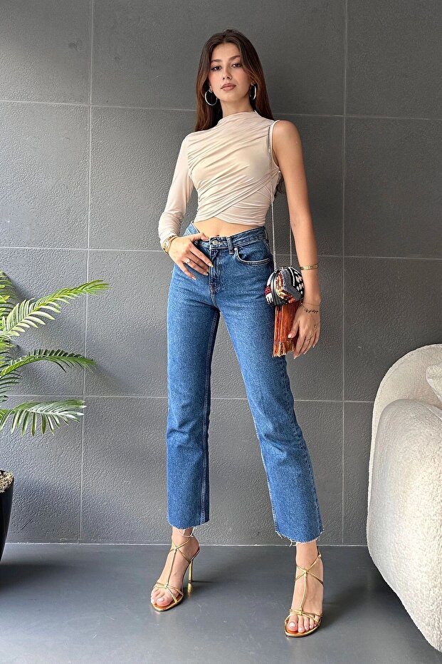 Bej Tek Omuz Drape Detaylı Bluz - 4