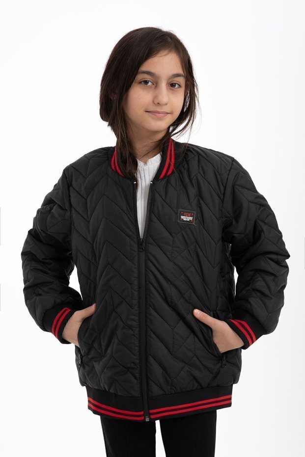 Girl's Black College Collar Lined Water and Windproof Zippered Pocket Coat Jacket