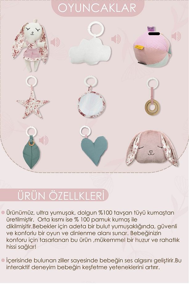 Bebek Oyun Alanı, Tavşanlı Bebek Aktivite Matı, Güvenli ve Yumuşak Oyun Matı, Baby Gym Serisi, Pudra - 5