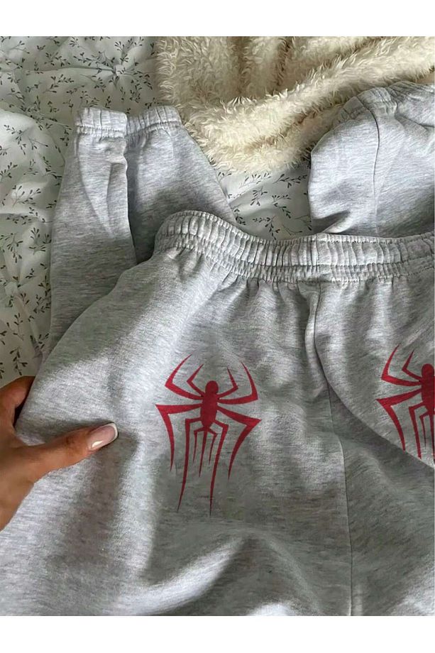 Örümcek Desen Eşofman Altı Jogger - Gri Baskılı Lastik Paça Yüksek Bel Kışlık - 4
