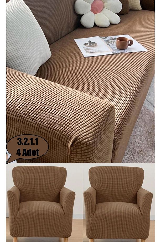 Likrali Koltuk Örtüsü Takımı 3 2 1 1 Koltuk Kılıfı Takımı (4 adet) Sofa Cover - 1