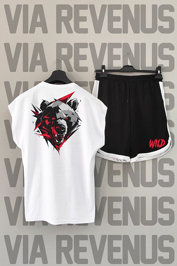 Wild Bear Back Printed White Zero Sleeve Sport Tshirt and Black Shorts Sport Set