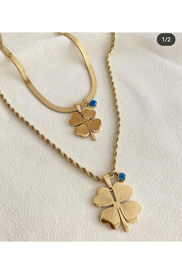 Steel Clover Evil Eye Beaded Blue Eye Necklace Length 65 Cm