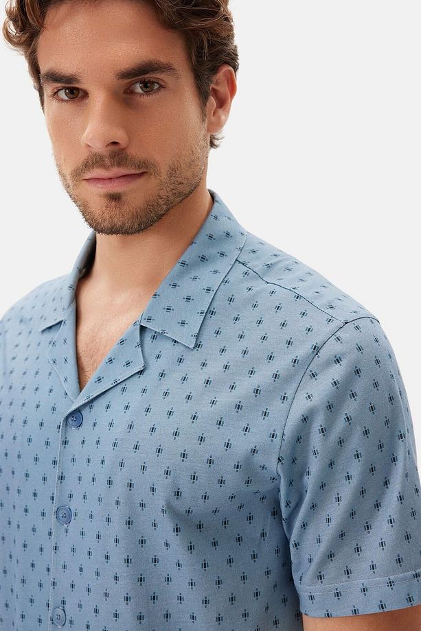 Mavi Desenli Gömlek Şort Pijama Takımı - 5