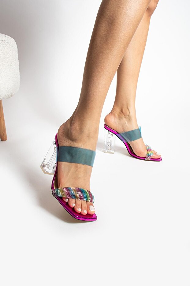 Women's Leather Slippers Pink with Stones